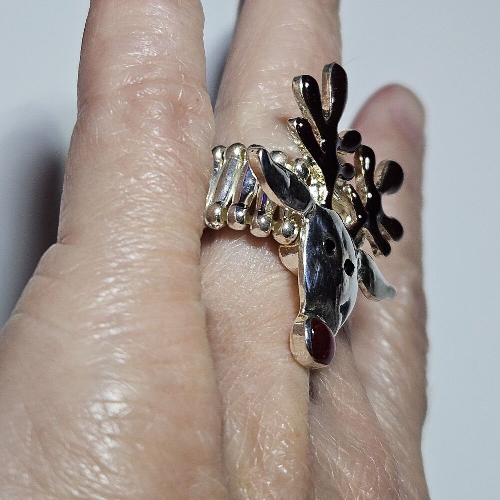 Silver Tone Brown Red Enamel Black Rhinestone Rudolph Stretch Ring - Picture 6 of 14